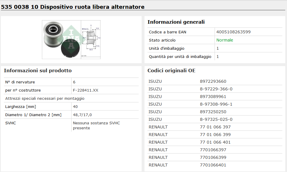 535 0038 10 Dispositivo ruota libera alternatore