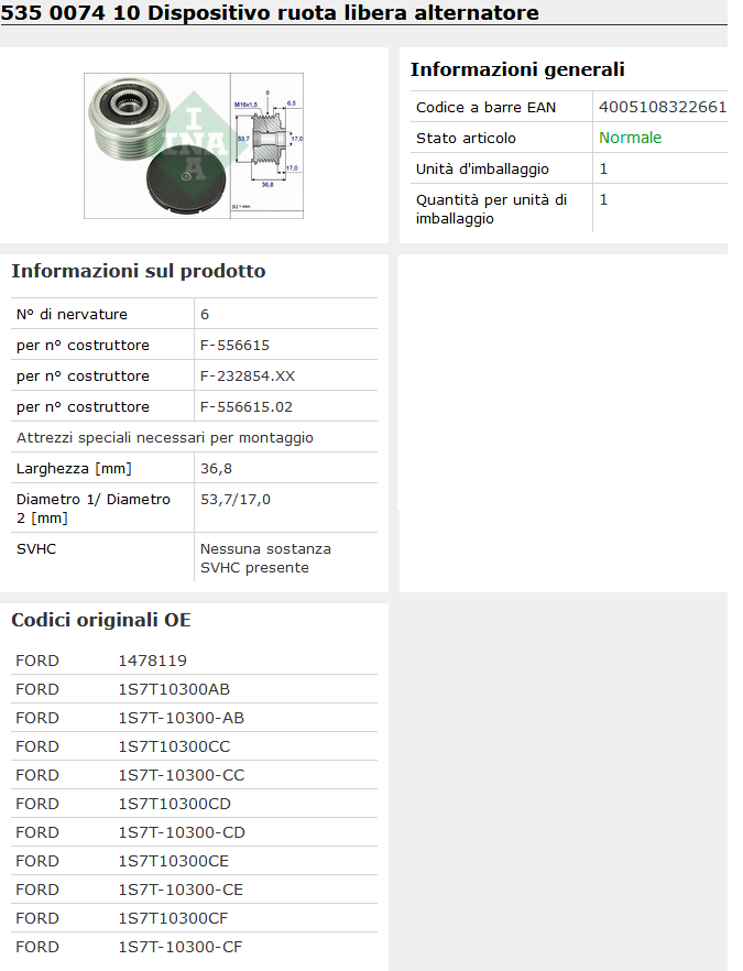 535 0074 10 Dispositivo ruota libera alternatore