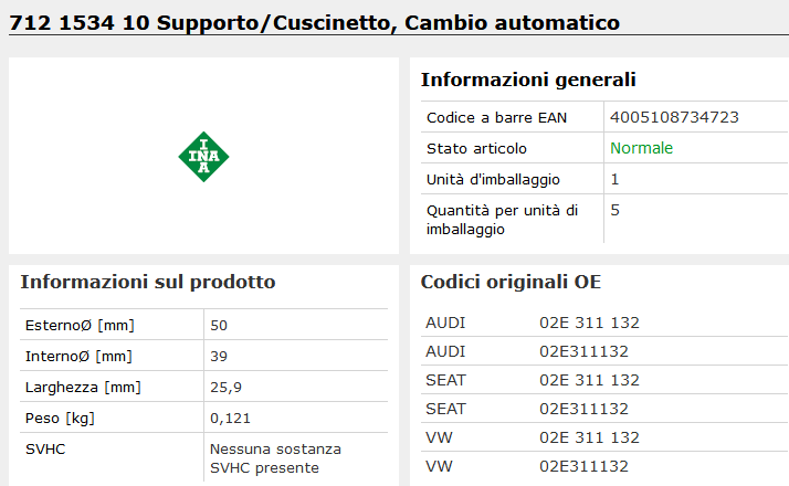 712 1534 10 SupportoCuscinetto, Cambio automatico