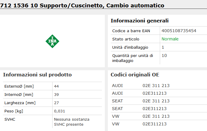 712 1536 10 Supporto/Cuscinetto, Cambio automatico
